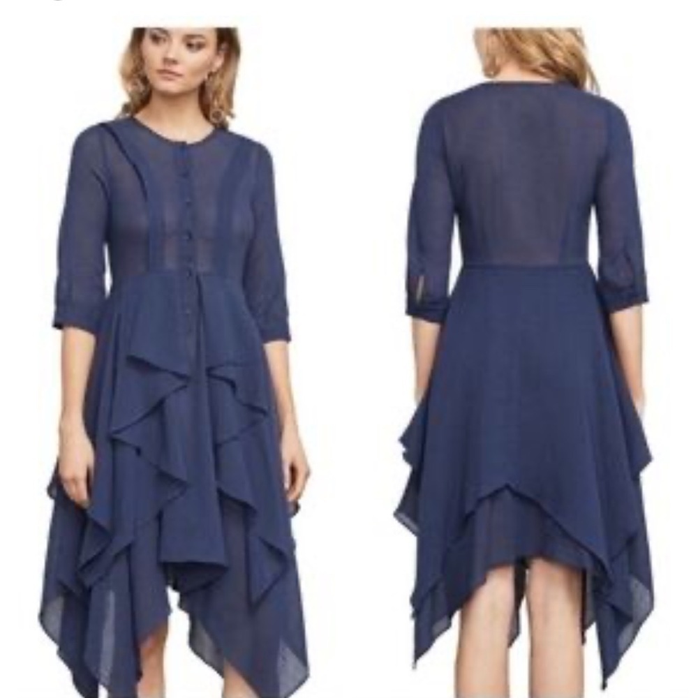 BCBGMaxAzria Jovita Deep Blue Asymmetrical Ruffle Handkerchief Hem Dress | XXS